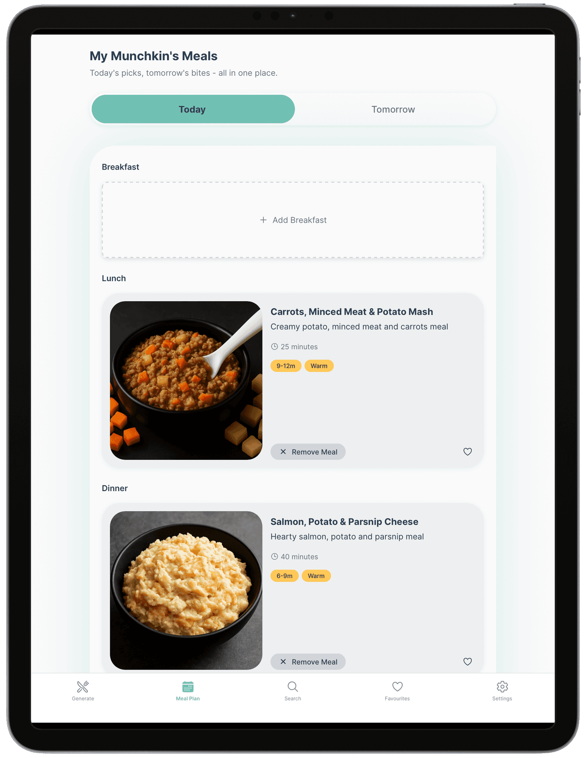 MunchinMunchkins app meal plan screen preview